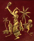 A contemporary African composition made from horn/bone depicting a vibrant community scene on red