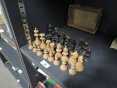 Wooden Chess Set, complete, King height 7.5cm, damage seen to black King, Queen, Knights, white