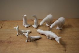 A group of seven Ulrome pottery animal studies including three foxes, four polar bears in varied