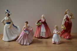 A group of five Royal Doulton bone china figurines comprising 'Janet' HN 1537, 'Strolling' HN