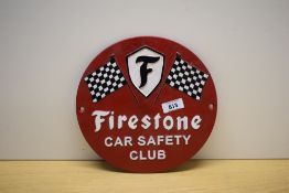 A round cast Firestone Car Safety Club sign 24cm
