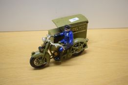 A boxed repro cast parcel post motor cycle and side van with rider model