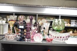 A selection of 20th-century studio glassware, to feature two Wedgwood Sheringham candlestick holder