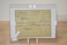 An early 20th-century California Bank cheque thought to be signed by Errol Flynn (1909 - 1959), paid