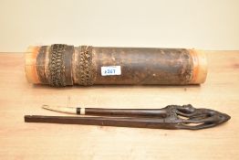 Thought to be 20th-century Chinese hand-carved dark wood hair stick, featuring a slender, zoomorphic