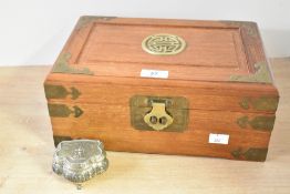 A 20th-century Oriental-style wooden jewellery box, having external brass fittings, twin handles and