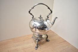 A fine Victorian Martin Hall and Company (1854) of Sheffield EPNS metal spirit kettle on a stand,