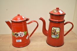 Two 20th-century red enamel bargeware coffee pots, featuring colourful floral, foliate and canal
