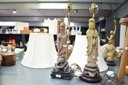 Two 20th-century Chinese-style hand carved hardstone table lamps, to depict a female and male