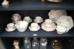 Thought to be late 19th to early 20th-century Wileman Foley china pink and green cameo part tea set,