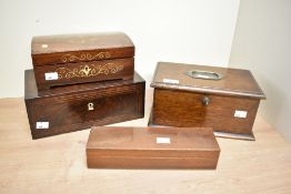 A quantity of late 19th to early 20th-century hard wood boxes, to feature an inlaid brass example,