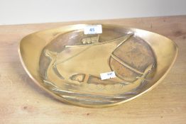 A mid to late 20th-century Danish Aedel Malm bronze oval bowl, featuring an embossed raised image of