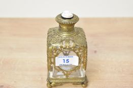Thought to be 19th-century French glass perfume bottle, featuring an ornate gilt-metal ormolu cage