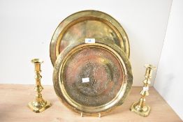 A selection of 20th-century sundry brassware, to include a large Indian decorative plate; two