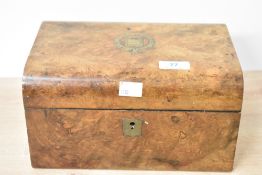 A late 19th to early 20th-century burr walnut jewellery box, having brass inlay detailing and a