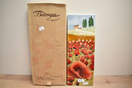 A contemporary Benaya ceramic wall hanging tile, featuring a serene scene of poppies and a small