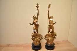 Two presumed 20th-century French Art Nouveau-style resin mantel figurines, featuring a female and
