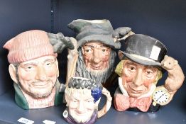 Four 20th-century Royal Doulton pottery Toby Jugs, to feature a small 'bacchus' and a large '