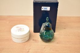 A late 20th-century Teign Valley Glass of Devon pear paperweight, featuring vibrant green and blue