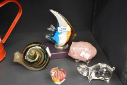 Five 20th-century studio art glass animal-shaped paper weights, to include a large colourful