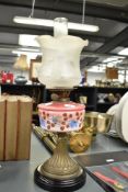 Thought to be early 20th-century oil lamp, featuring a pink glass reservoir with hand painted floral