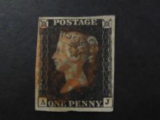 GB 1840 1D BLACK 4 MARGINS CORNER LETTERS AJ TIED WITH NEAT RED MALTESE CROSS Clean 4 margin