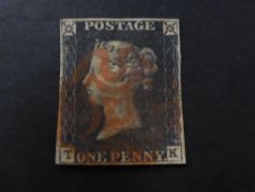 GB 1840 1d BLACK, FOUR MARGINS CORNER LETTERS TK TIED WITH RED MALTESE X Four margin black, corner
