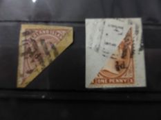 FALKLAND ISLANDS 1891 PROVISIONAL ISSUE 1D STAMPS BISECTED & OPTD 1/2d Card with duo of bisected