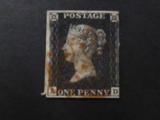 GB 1840 1D BLACK 3 MARGINS, CORNER LETTERS AD TIED WITH FEINT RED MALTESE X Three margin black,