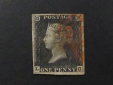 GB 1840 1d BLACK, FOUR MARGINS CORNER LETTERS LC TIED WITH RED MALTESE X Four margin black, narrow