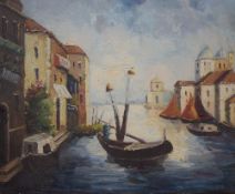 A 20th Century oil on canvas, a Venetian canal scene, unsigned or attributed, unframed 50cm x 40cm