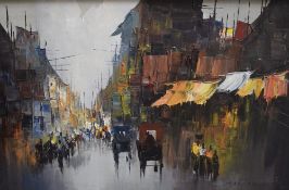 A 20th Century impasto oil on canvas, a vibrant abstract street scene with figures, signed