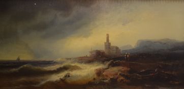 Franz Emil Krause (German 1836-1900) Oil on canvas, a stormy coastal scene with lighthouse and