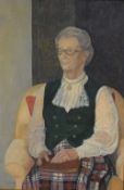 R Clarke (Contemporary) Oil on canvas, depicting a seated elderly lady dressed in tartan holding a