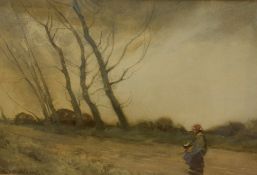 William Tatton Winter (19th Century) Watercolour, a woman in a red bonnet walking a country lane,