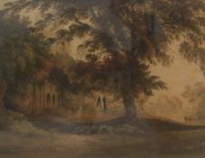 A 19th Century watercolour landscape, a pastoral scene with cattle and large tree to foreground,