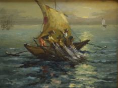 Jose Di Castro (20th Century) Oil on board, fishermen at sea pulling in nets, signed and dated (