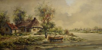 M Ionie (20th Century) oil on canvas, a riverside cottage with row boat and figure, signed lower
