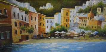 A Contemporary impressionistic oil on board, depicting a Mediterranean coastal town, unsigned or