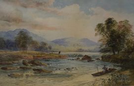 William Henry Earp (1831-1914) Watercolour, a mountainous river scene with fishermen, signed lower