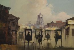 Cesar Buenaventura Y Espinosa (20th Century) Oil on canvas, an impressionistic street scene with