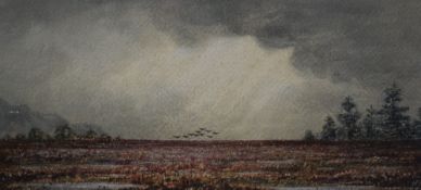 A 19th Century watercolour, depicting a flock of geese over a marshland, initialled (H.F.R) and