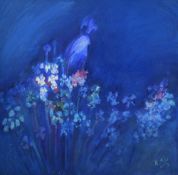A 20th Century oil on canvas study of blue flowers, signed indistinctively lower right, within