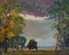 Allen (20th Century) Impressionistic oil on canvas, a pastoral landscape with cattle, signed and