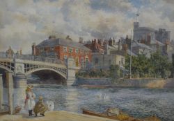 George Moore Henton (British 1861 - 1924) Watercolour, depicting figures beside Windsor Bridge