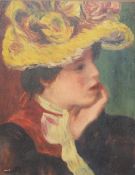 After Pierre-Auguste Renoir (French 1841 - 1919) Oil on board 'Head of a Young Woman (Yellow