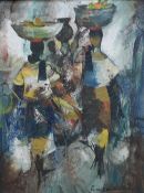 A 20th Century oil on canvas, a vibrant abstract study of figures carrying baskets, signed