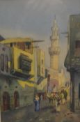 K Ghandair (20th Century) A pair of watercolours, Egyptian street scenes, within card mounts and