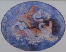 A contemporary lithograph, depicting an orange mermaid in purple toned waters, artist unknown,