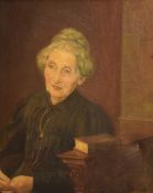 19th Century oil on canvas, a portrait of an elderly woman sat at a church pew, signed